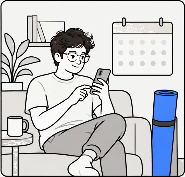 A man on a sofa with his phone, an empty calendar on the wall and a rolled-up mat beside him.