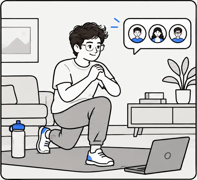At home in the living room, he does a lunge in front of a laptop while three friends' faces appear in a speech bubble.
