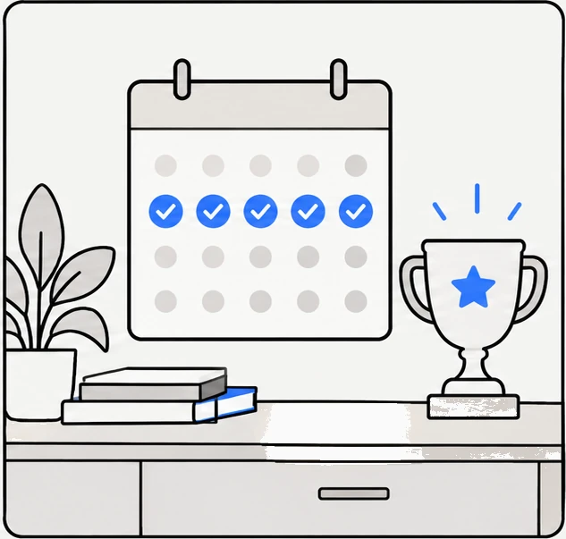 A calendar with a row of ticks and a trophy with a star on the shelf below.