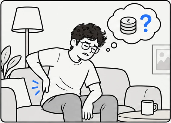 A man on a sofa holding his lower back, with a thought bubble of coins and a question mark.