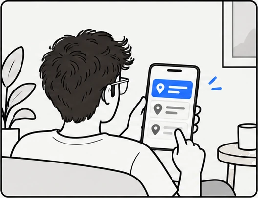Over his shoulder, he picks a nearby physiotherapy centre from a list on his phone.