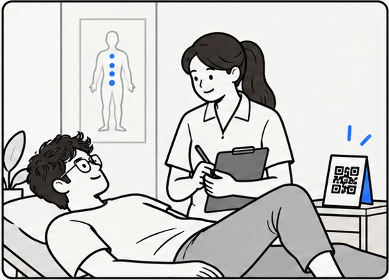 A physiotherapist with a clipboard treats him lying on a bed; a QR code stands on the table.