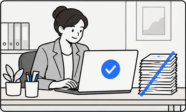 A woman at a laptop with a tick on the screen, a stack of claim papers crossed out beside her.
